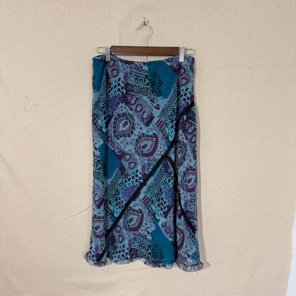 Logix Womens Teal Purple Paisley Geometric Midi Skirt Size M 8030621 Made in USA